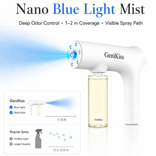 GeniKiss Nano Blue Light Probiotic Deodorizer, indoor odor removal, pet deodorant. Bio-enzymes break down urine, disinfect and deodorize, Plant-extracted, safe and non-toxic for pets, Floral scent Air Freshener Spray