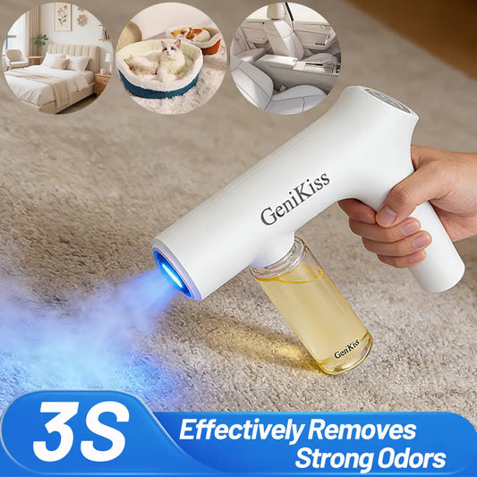 GeniKiss Nano Blue Light Probiotic Deodorizer, indoor odor removal, pet deodorant. Bio-enzymes break down urine, disinfect and deodorize, Plant-extracted, safe and non-toxic for pets, Floral scent Air Freshener Spray